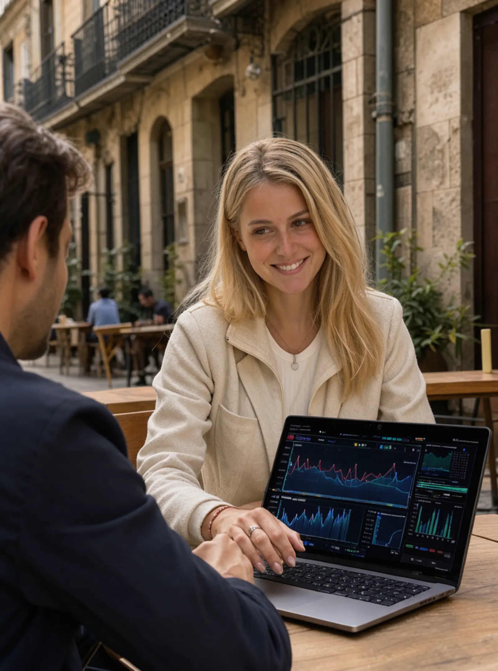 Monika enseña a un cliente su proyecto en un café de El Born, Barcelona