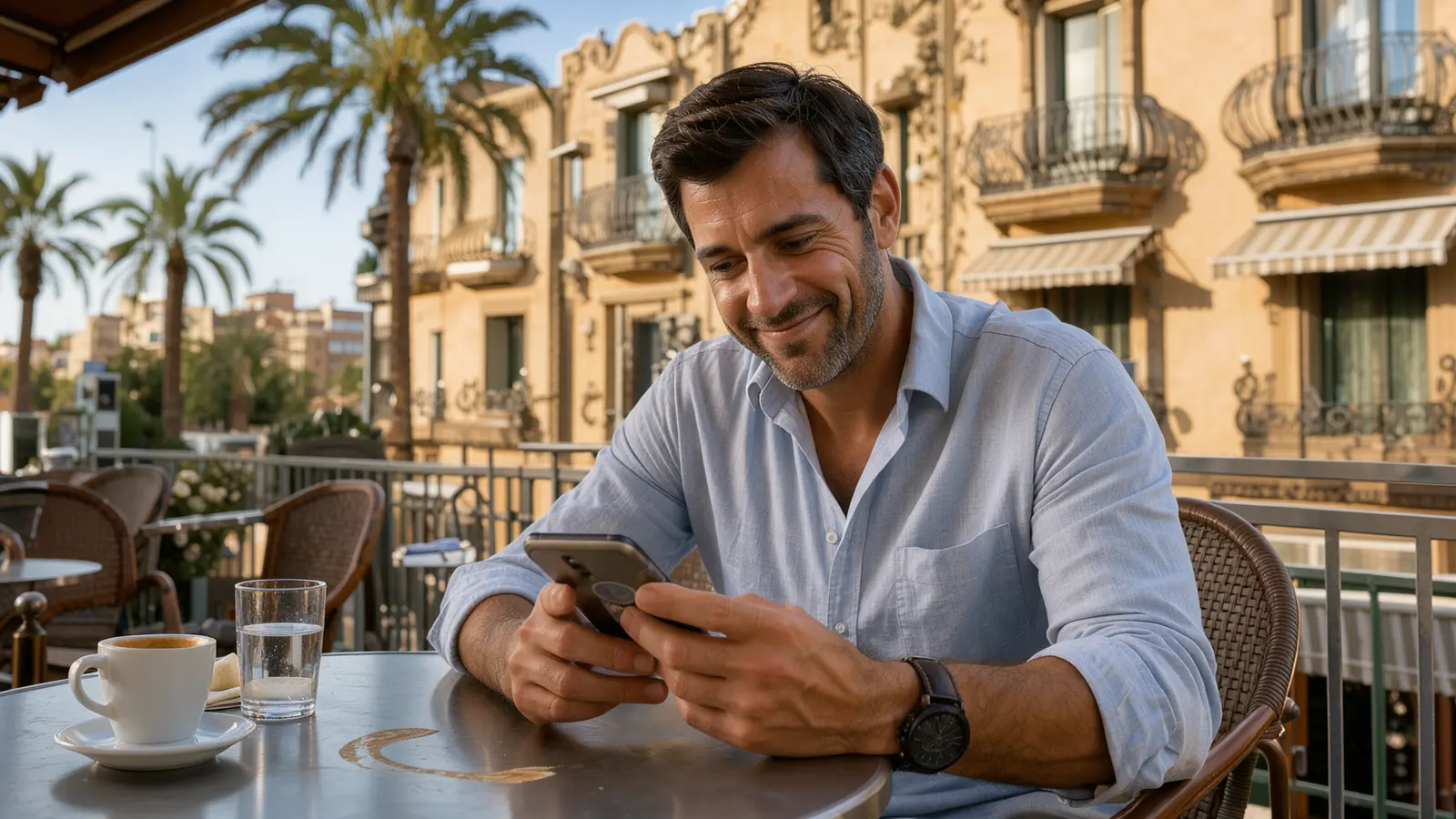 Dueño de un hotel pequeño consulta su web en el móvil en una terraza de Barcelona